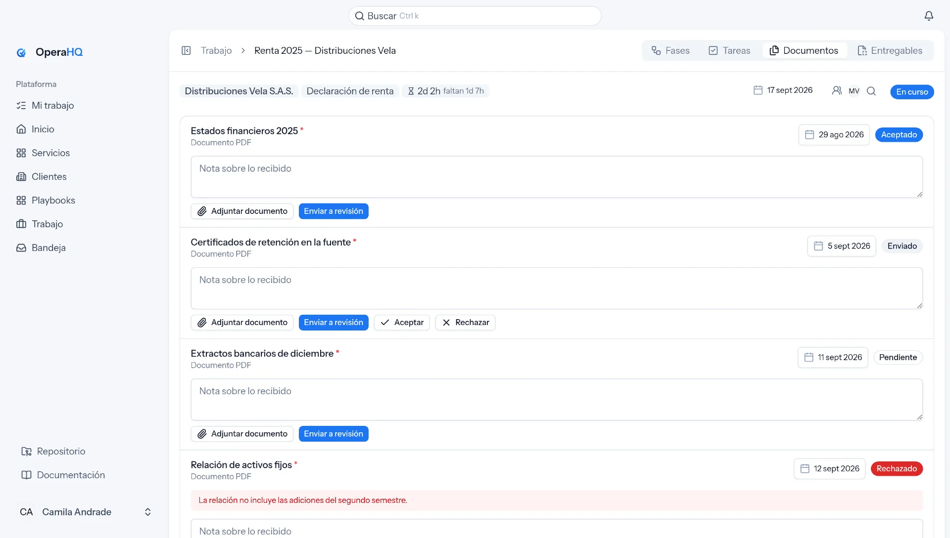 Documentos solicitados al cliente en OperaHQ, con estados aceptado, enviado, pendiente y rechazado.