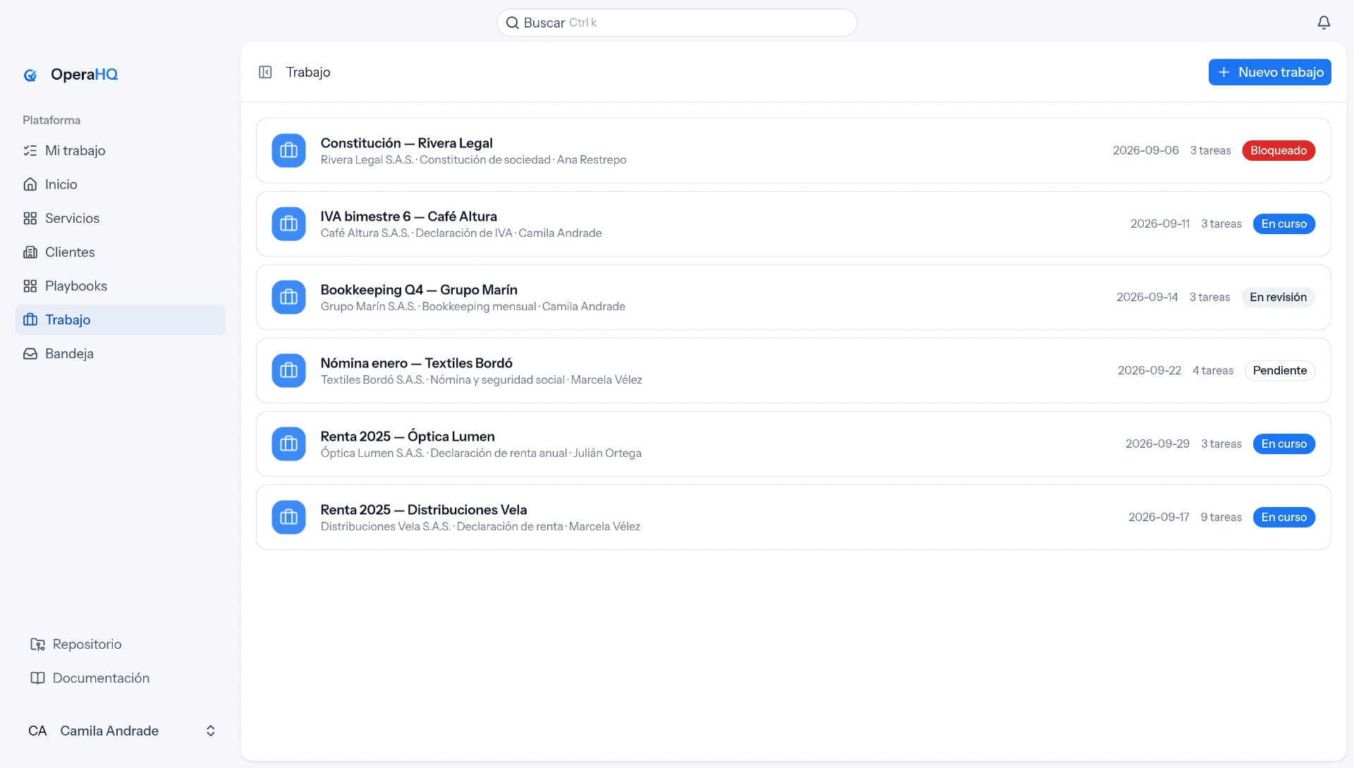 Lista de trabajos activos en OperaHQ por cliente, con fecha límite, número de tareas y estado.